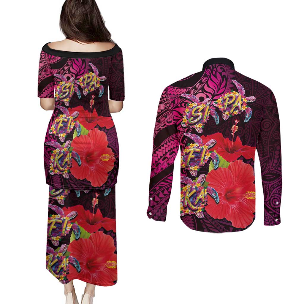 Pasifika Festival Couples Matching Puletasi and Long Sleeve Button Shirt Plumeria Turtles with Hibiscus - Polynesian Art Tattoo Pink Color LT03 - Polynesian Pride