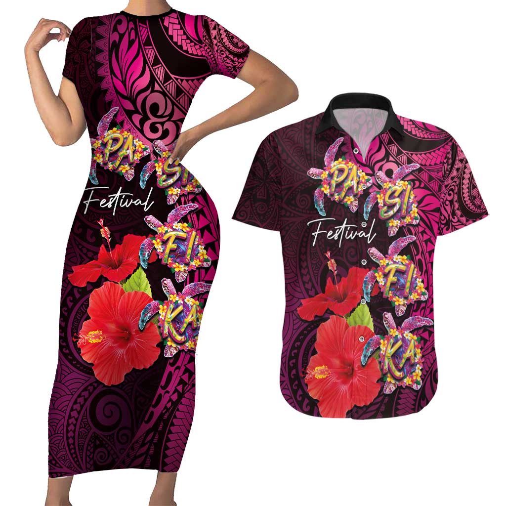 Pasifika Festival Couples Matching Short Sleeve Bodycon Dress and Hawaiian Shirt Plumeria Turtles with Hibiscus - Polynesian Art Tattoo Pink Color LT03 Pink - Polynesian Pride