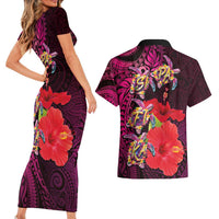 Pasifika Festival Couples Matching Short Sleeve Bodycon Dress and Hawaiian Shirt Plumeria Turtles with Hibiscus - Polynesian Art Tattoo Pink Color LT03 - Polynesian Pride
