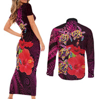 Pasifika Festival Couples Matching Short Sleeve Bodycon Dress and Long Sleeve Button Shirt Plumeria Turtles with Hibiscus - Polynesian Art Tattoo Pink Color LT03 - Polynesian Pride