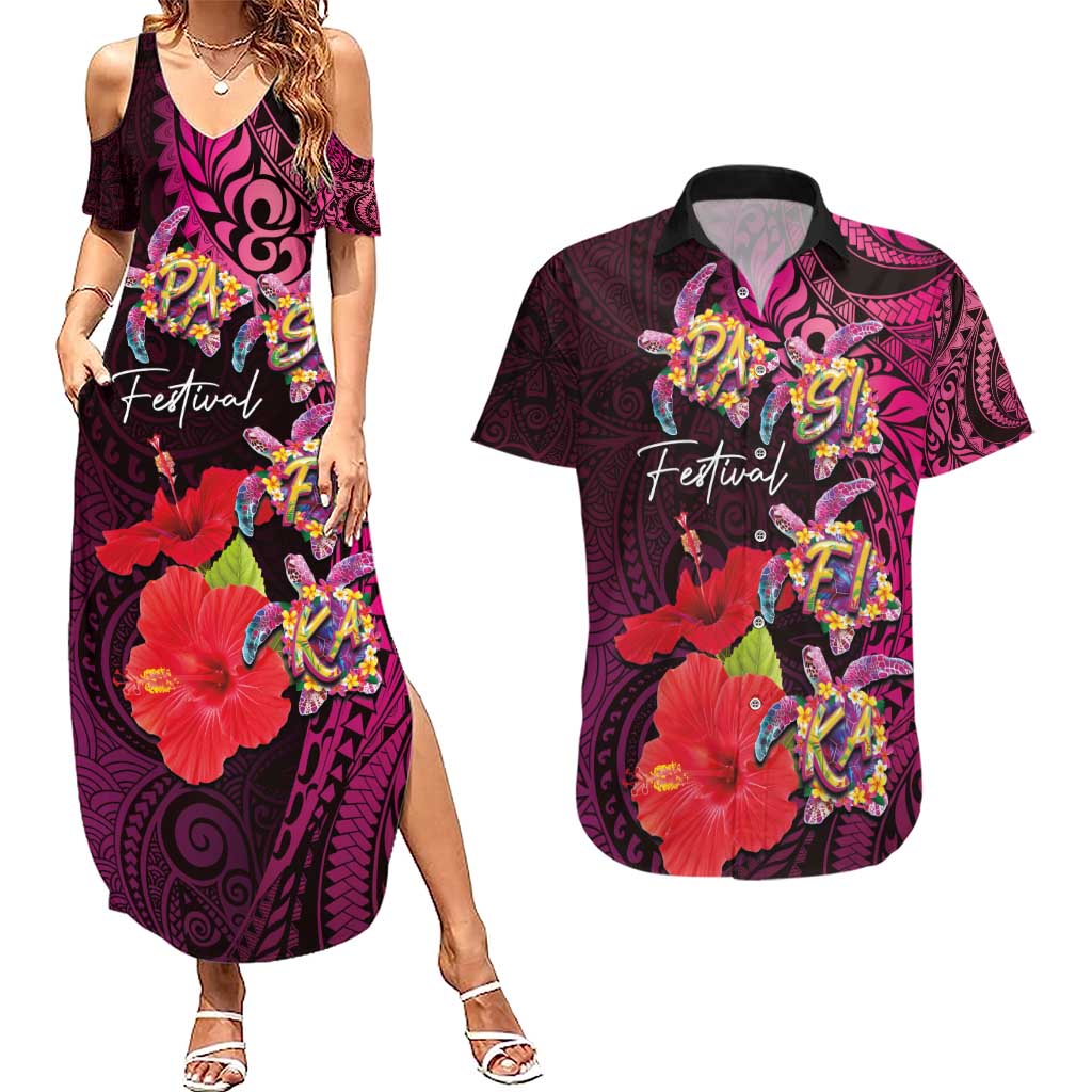Pasifika Festival Couples Matching Summer Maxi Dress and Hawaiian Shirt Plumeria Turtles with Hibiscus - Polynesian Art Tattoo Pink Color LT03 Pink - Polynesian Pride
