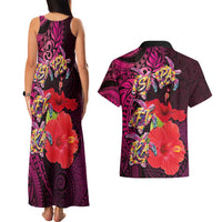 Pasifika Festival Couples Matching Tank Maxi Dress and Hawaiian Shirt Plumeria Turtles with Hibiscus - Polynesian Art Tattoo Pink Color LT03 - Polynesian Pride