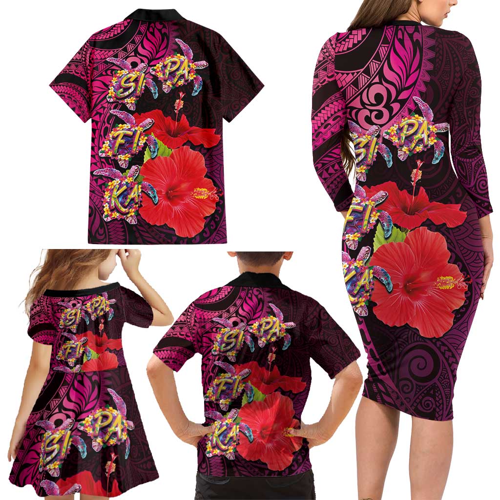 Pasifika Festival Family Matching Long Sleeve Bodycon Dress and Hawaiian Shirt Plumeria Turtles with Hibiscus - Polynesian Art Tattoo Pink Color LT03 - Polynesian Pride