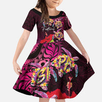 Pasifika Festival Family Matching Mermaid Dress and Hawaiian Shirt Plumeria Turtles with Hibiscus - Polynesian Art Tattoo Pink Color LT03 Daughter's Dress Pink - Polynesian Pride
