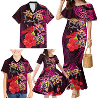 Pasifika Festival Family Matching Mermaid Dress and Hawaiian Shirt Plumeria Turtles with Hibiscus - Polynesian Art Tattoo Pink Color LT03 - Polynesian Pride