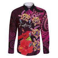 Pasifika Festival Family Matching Off The Shoulder Long Sleeve Dress and Hawaiian Shirt Plumeria Turtles with Hibiscus - Polynesian Art Tattoo Pink Color LT03 Dad's Shirt - Long Sleeve Pink - Polynesian Pride