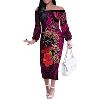 Pasifika Festival Family Matching Off The Shoulder Long Sleeve Dress and Hawaiian Shirt Plumeria Turtles with Hibiscus - Polynesian Art Tattoo Pink Color LT03 Mom's Dress Pink - Polynesian Pride