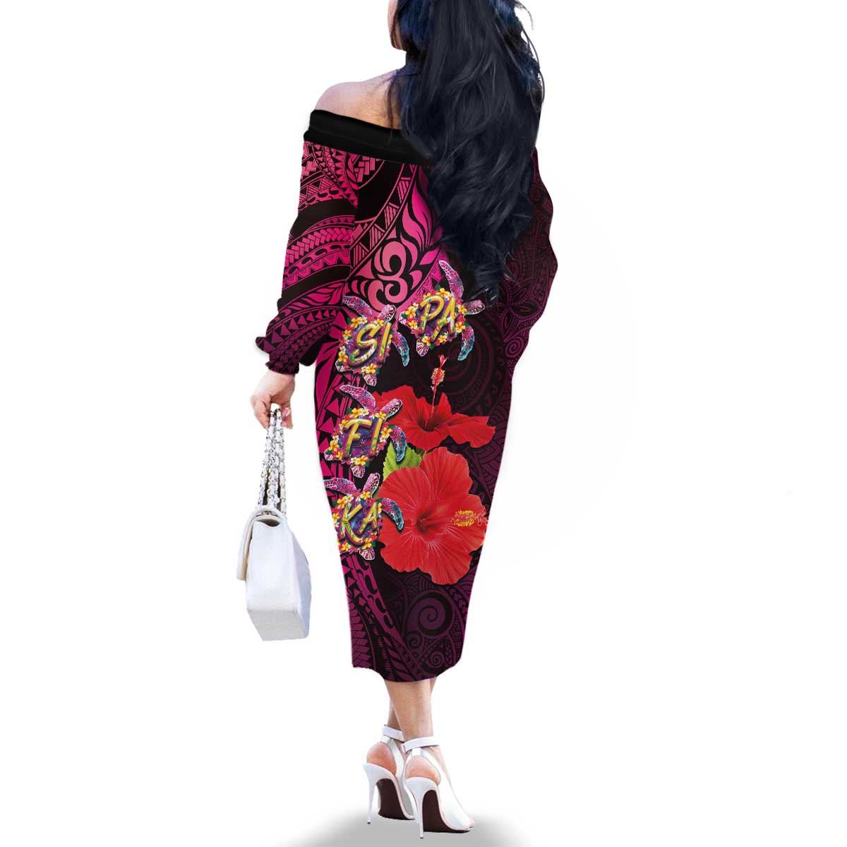 Pasifika Festival Family Matching Off The Shoulder Long Sleeve Dress and Hawaiian Shirt Plumeria Turtles with Hibiscus - Polynesian Art Tattoo Pink Color LT03 - Polynesian Pride