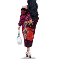 Pasifika Festival Family Matching Off The Shoulder Long Sleeve Dress and Hawaiian Shirt Plumeria Turtles with Hibiscus - Polynesian Art Tattoo Pink Color LT03 - Polynesian Pride