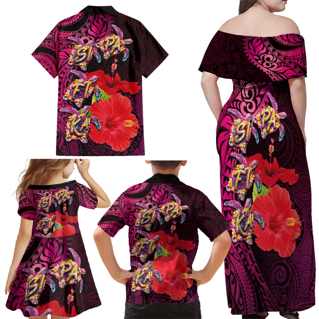 Pasifika Festival Family Matching Off Shoulder Maxi Dress and Hawaiian Shirt Plumeria Turtles with Hibiscus - Polynesian Art Tattoo Pink Color LT03 - Polynesian Pride