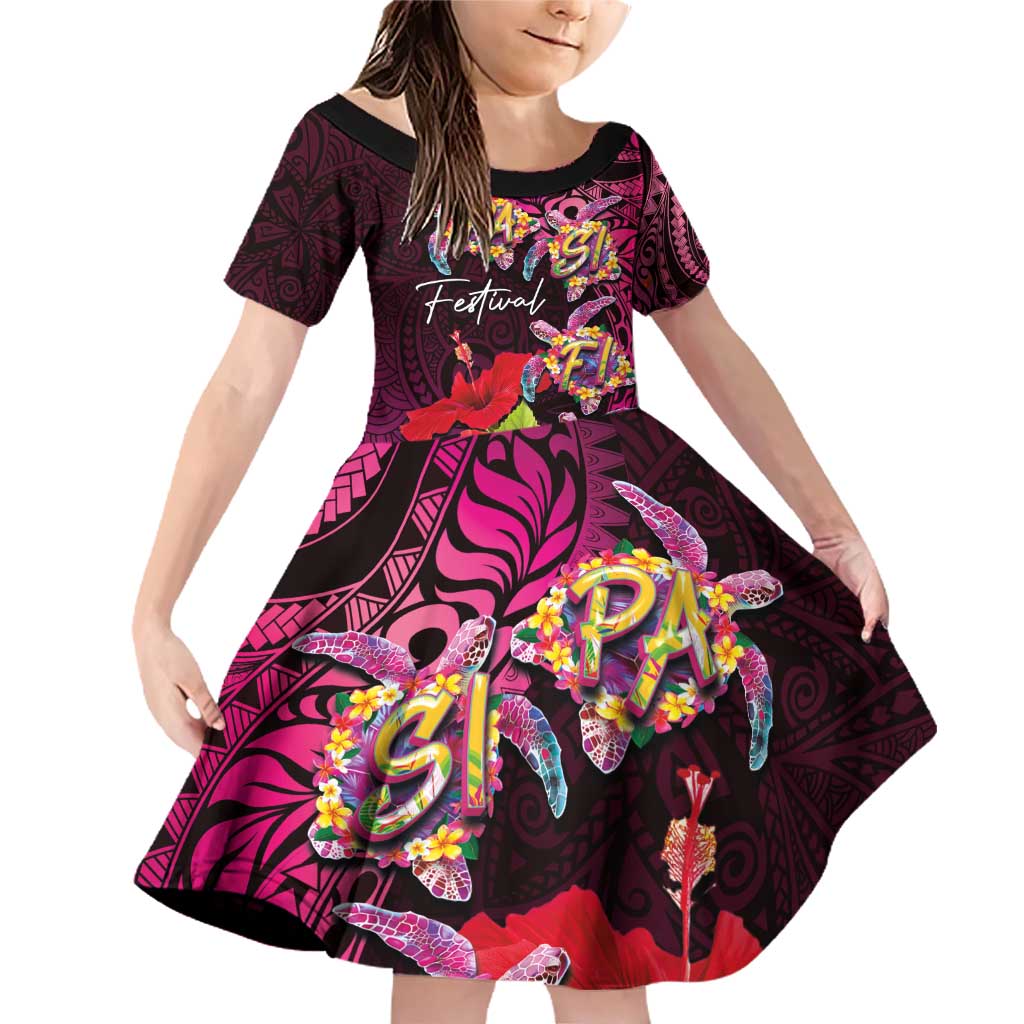 Pasifika Festival Family Matching Off Shoulder Short Dress and Hawaiian Shirt Plumeria Turtles with Hibiscus - Polynesian Art Tattoo Pink Color LT03 Daughter's Dress Pink - Polynesian Pride