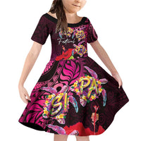 Pasifika Festival Family Matching Off Shoulder Short Dress and Hawaiian Shirt Plumeria Turtles with Hibiscus - Polynesian Art Tattoo Pink Color LT03 Daughter's Dress Pink - Polynesian Pride