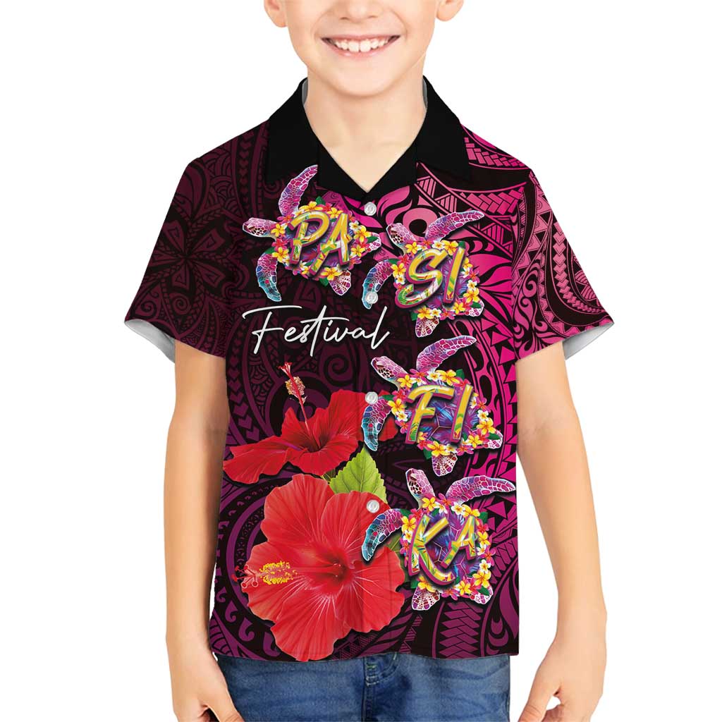 Pasifika Festival Family Matching Off Shoulder Short Dress and Hawaiian Shirt Plumeria Turtles with Hibiscus - Polynesian Art Tattoo Pink Color LT03 Son's Shirt Pink - Polynesian Pride