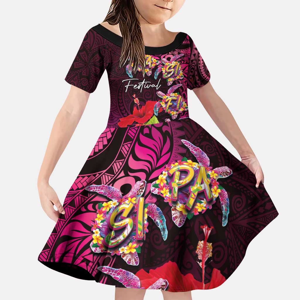 Pasifika Festival Family Matching Puletasi and Hawaiian Shirt Plumeria Turtles with Hibiscus - Polynesian Art Tattoo Pink Color LT03 Daughter's Dress Pink - Polynesian Pride