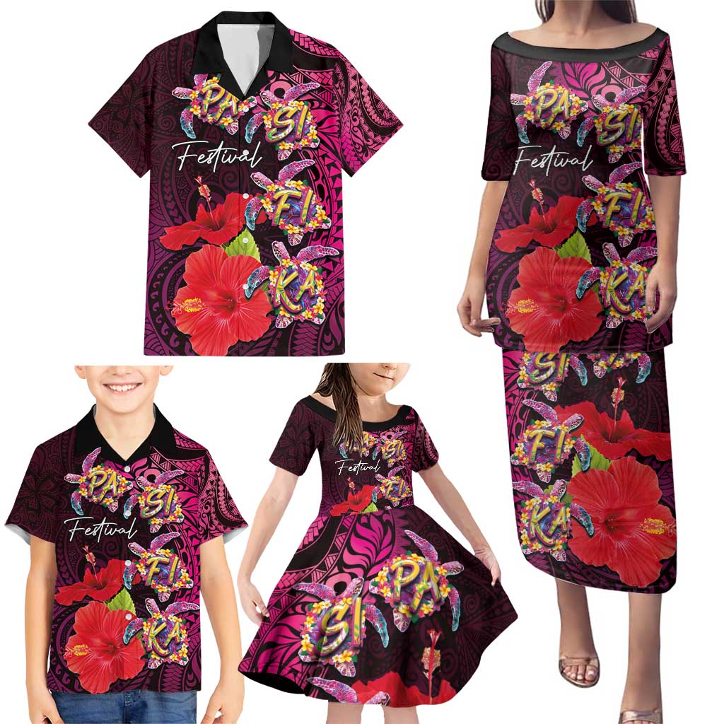 Pasifika Festival Family Matching Puletasi and Hawaiian Shirt Plumeria Turtles with Hibiscus - Polynesian Art Tattoo Pink Color LT03 - Polynesian Pride