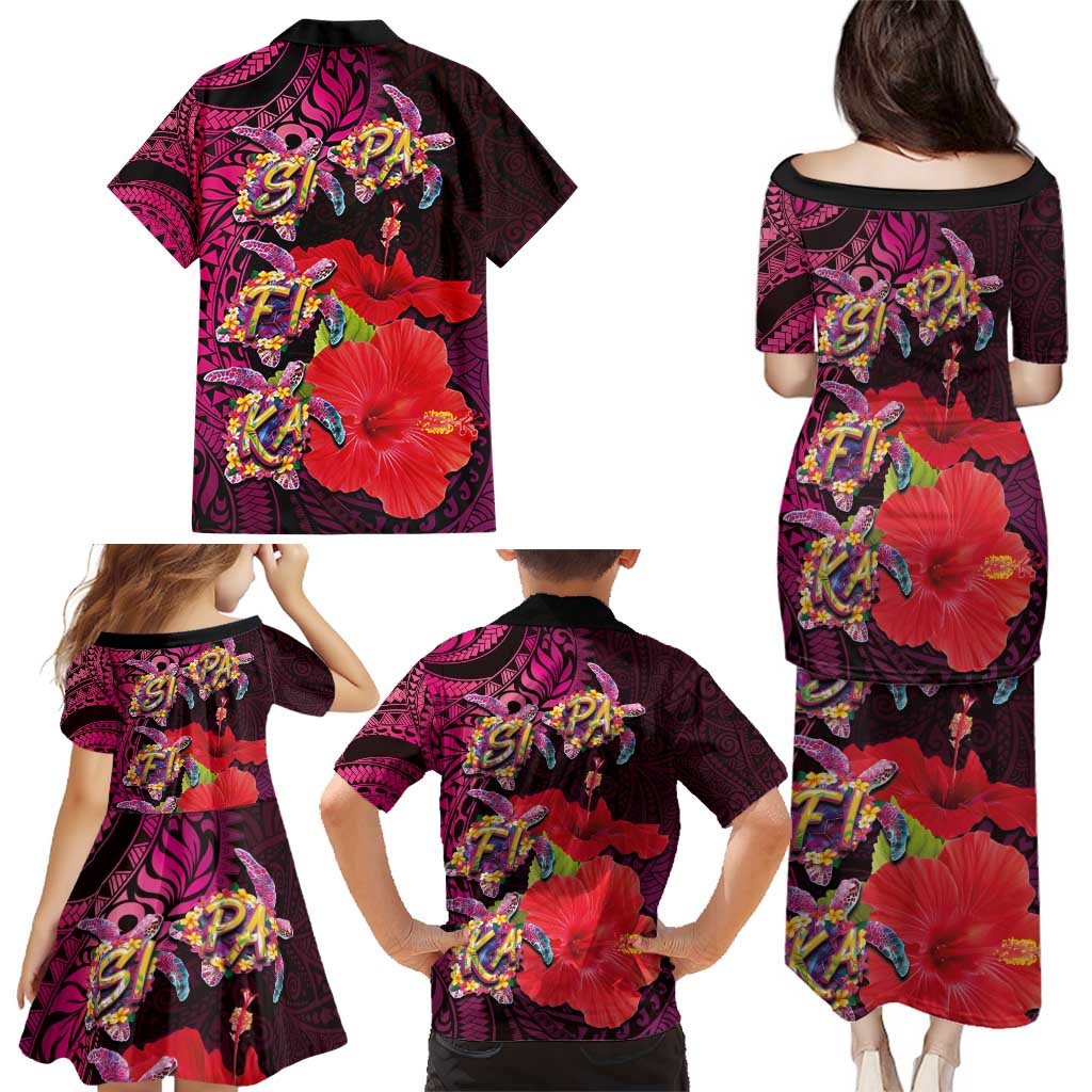 Pasifika Festival Family Matching Puletasi and Hawaiian Shirt Plumeria Turtles with Hibiscus - Polynesian Art Tattoo Pink Color LT03 - Polynesian Pride