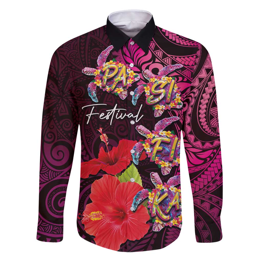 Pasifika Festival Family Matching Puletasi and Hawaiian Shirt Plumeria Turtles with Hibiscus - Polynesian Art Tattoo Pink Color LT03 Dad's Shirt - Long Sleeve Pink - Polynesian Pride