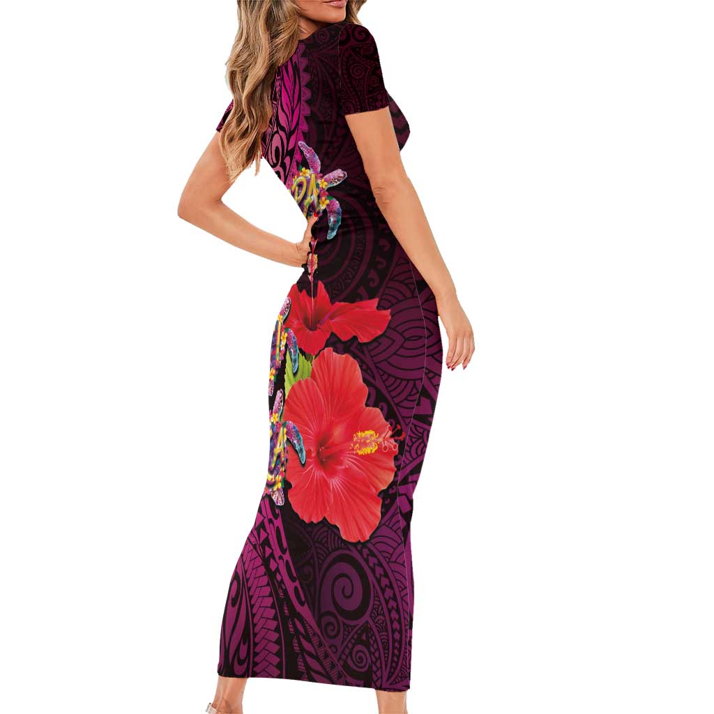 Pasifika Festival Family Matching Short Sleeve Bodycon Dress and Hawaiian Shirt Plumeria Turtles with Hibiscus - Polynesian Art Tattoo Pink Color LT03 - Polynesian Pride