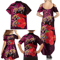 Pasifika Festival Family Matching Summer Maxi Dress and Hawaiian Shirt Plumeria Turtles with Hibiscus - Polynesian Art Tattoo Pink Color LT03 - Polynesian Pride
