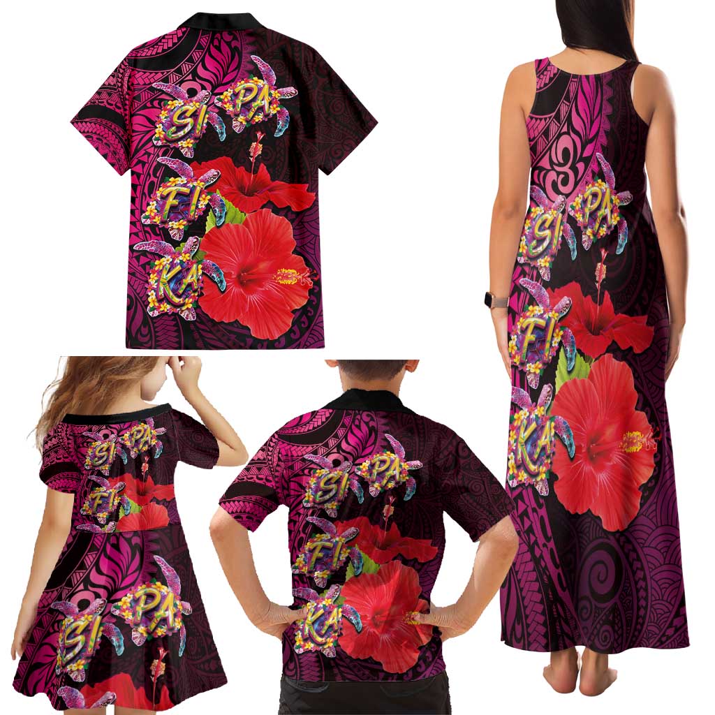 Pasifika Festival Family Matching Tank Maxi Dress and Hawaiian Shirt Plumeria Turtles with Hibiscus - Polynesian Art Tattoo Pink Color LT03 - Polynesian Pride