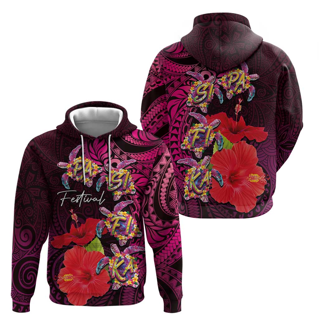 Pasifika Festival Hoodie Plumeria Turtles with Hibiscus - Polynesian Art Tattoo Pink Color LT03 - Polynesian Pride