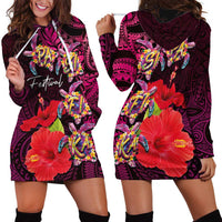 Pasifika Festival Hoodie Dress Plumeria Turtles with Hibiscus - Polynesian Art Tattoo Pink Color LT03 - Polynesian Pride