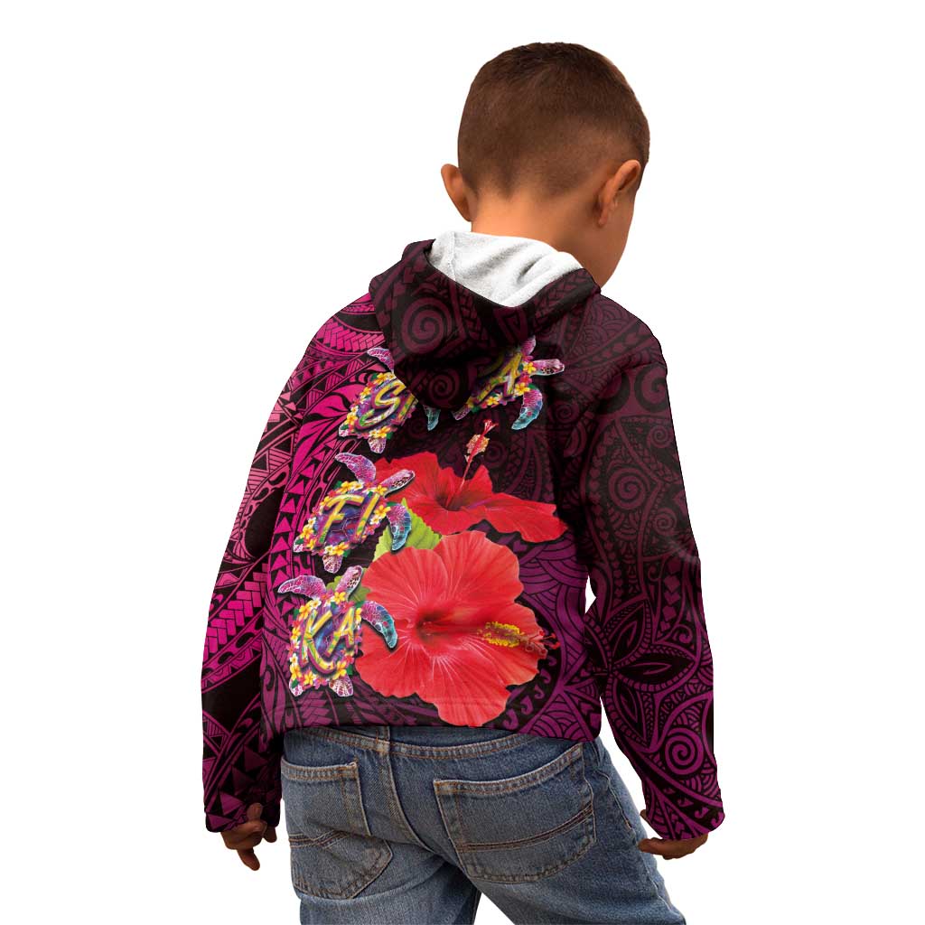 Pasifika Festival Kid Hoodie Plumeria Turtles with Hibiscus - Polynesian Art Tattoo Pink Color LT03 - Polynesian Pride