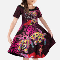 Pasifika Festival Kid Short Sleeve Dress Plumeria Turtles with Hibiscus - Polynesian Art Tattoo Pink Color LT03 KID Pink - Polynesian Pride