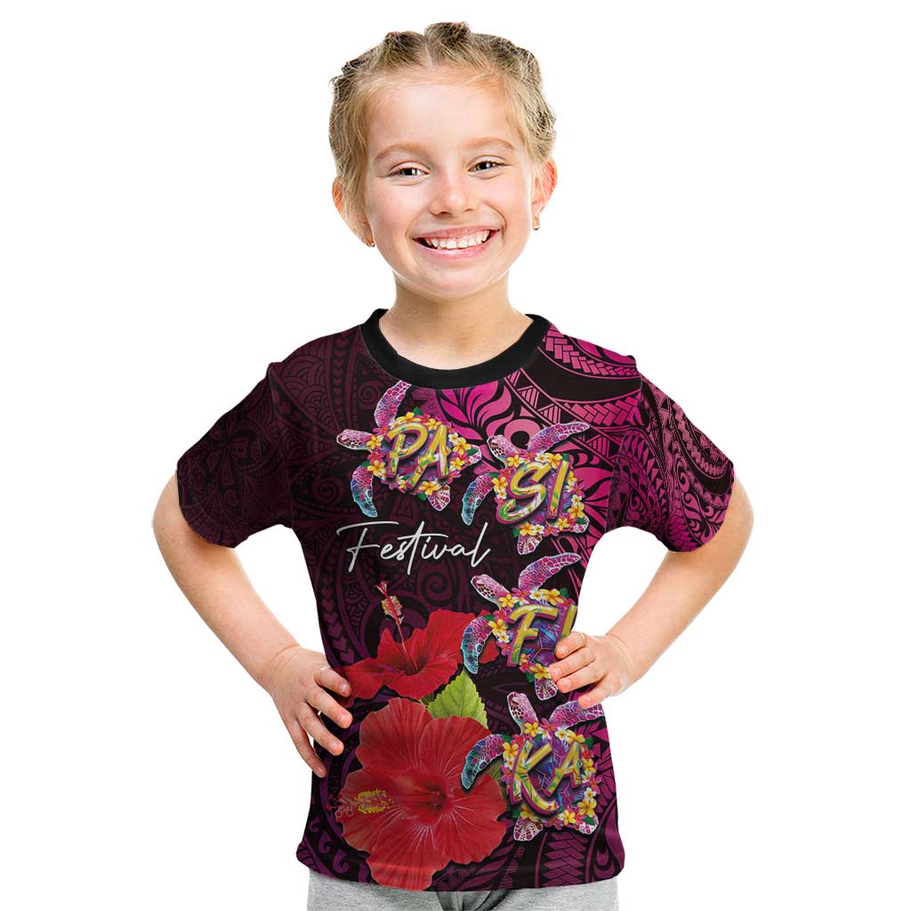 Pasifika Festival Kid T Shirt Plumeria Turtles with Hibiscus - Polynesian Art Tattoo Pink Color