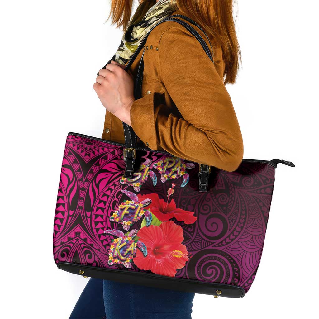 Pasifika Festival Leather Tote Bag Plumeria Turtles with Hibiscus - Polynesian Art Tattoo Pink Color LT03 Pink - Polynesian Pride
