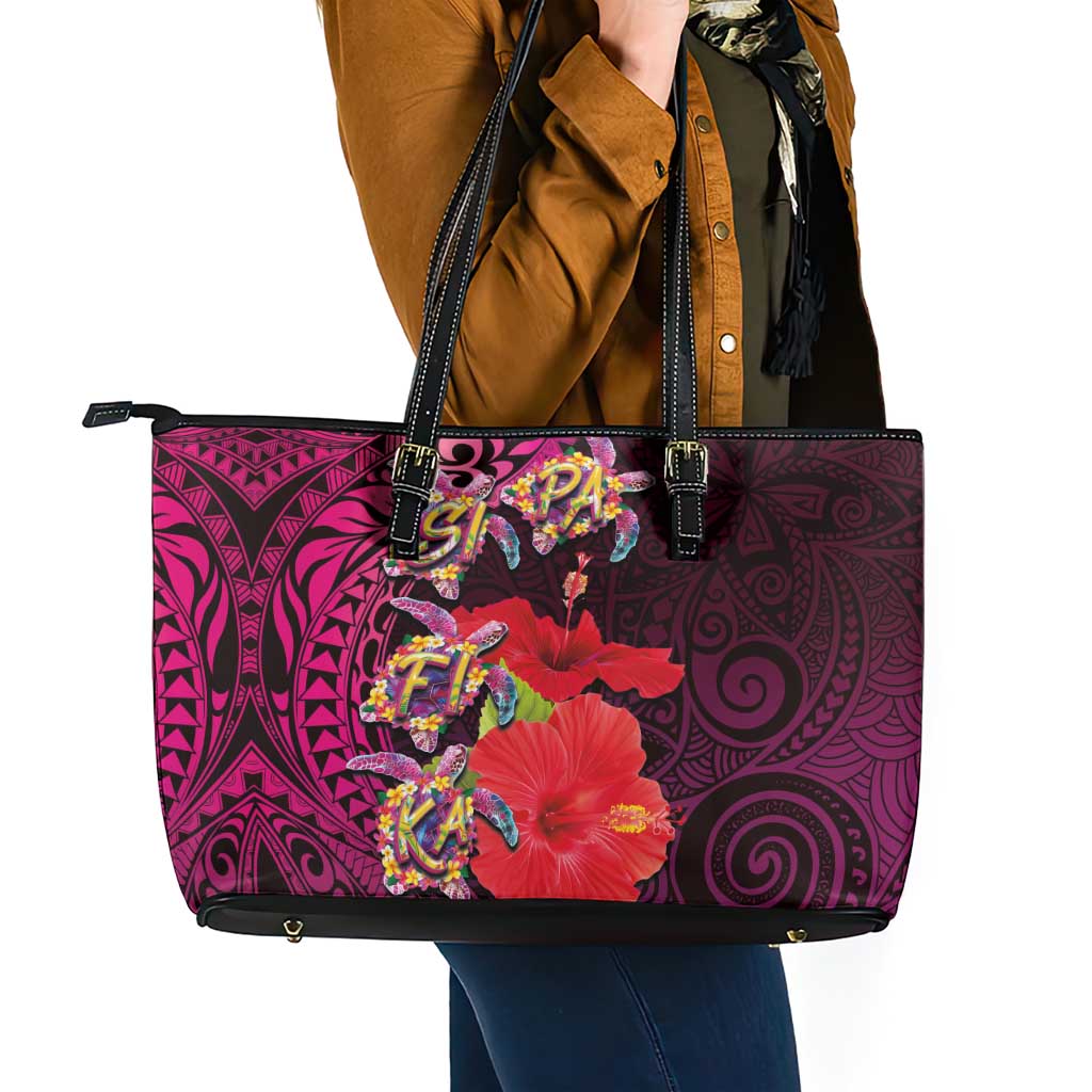 Pasifika Festival Leather Tote Bag Plumeria Turtles with Hibiscus - Polynesian Art Tattoo Pink Color LT03 - Polynesian Pride
