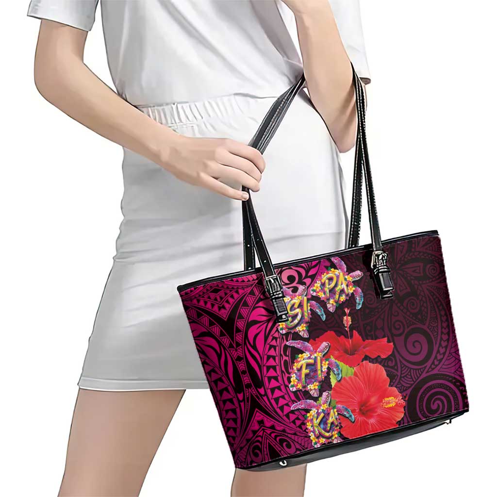 Pasifika Festival Leather Tote Bag Plumeria Turtles with Hibiscus - Polynesian Art Tattoo Pink Color LT03 - Polynesian Pride