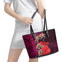 Pasifika Festival Leather Tote Bag Plumeria Turtles with Hibiscus - Polynesian Art Tattoo Pink Color LT03 - Polynesian Pride