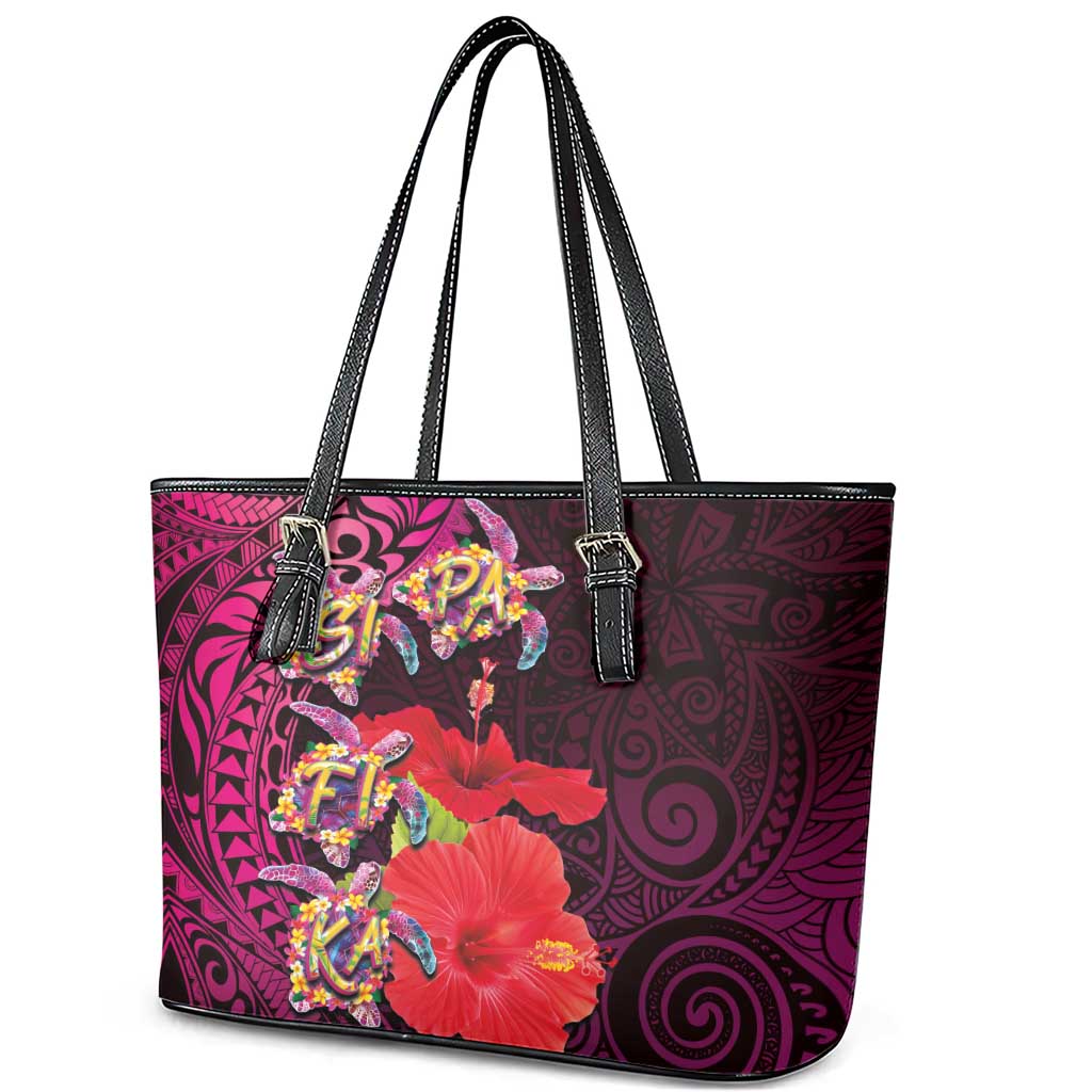 Pasifika Festival Leather Tote Bag Plumeria Turtles with Hibiscus - Polynesian Art Tattoo Pink Color LT03 - Polynesian Pride