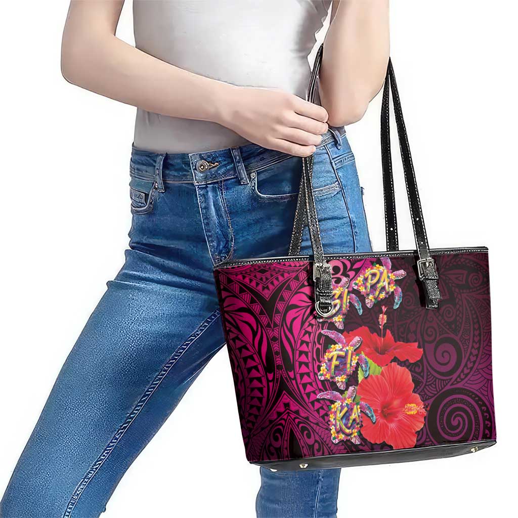 Pasifika Festival Leather Tote Bag Plumeria Turtles with Hibiscus - Polynesian Art Tattoo Pink Color LT03 - Polynesian Pride
