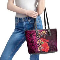 Pasifika Festival Leather Tote Bag Plumeria Turtles with Hibiscus - Polynesian Art Tattoo Pink Color LT03 - Polynesian Pride