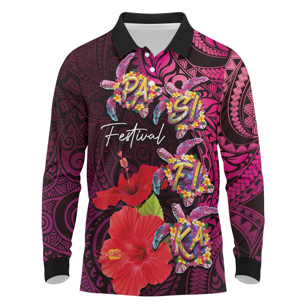 Pasifika Festival Long Sleeve Polo Shirt Plumeria Turtles with Hibiscus - Polynesian Art Tattoo Pink Color