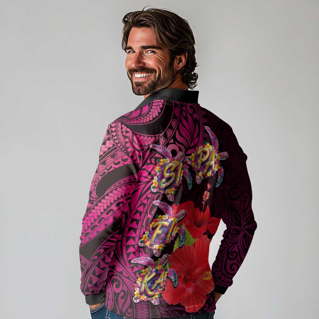 Pasifika Festival Long Sleeve Polo Shirt Plumeria Turtles with Hibiscus - Polynesian Art Tattoo Pink Color
