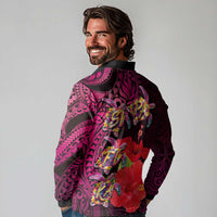 Pasifika Festival Long Sleeve Polo Shirt Plumeria Turtles with Hibiscus - Polynesian Art Tattoo Pink Color
