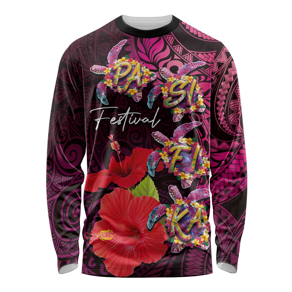 Pasifika Festival Long Sleeve Shirt Plumeria Turtles with Hibiscus - Polynesian Art Tattoo Pink Color LT03 Unisex Pink - Polynesian Pride