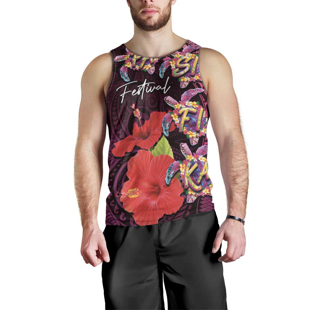 Pasifika Festival Men Tank Top Plumeria Turtles with Hibiscus - Polynesian Art Tattoo Pink Color