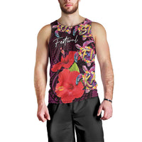 Pasifika Festival Men Tank Top Plumeria Turtles with Hibiscus - Polynesian Art Tattoo Pink Color