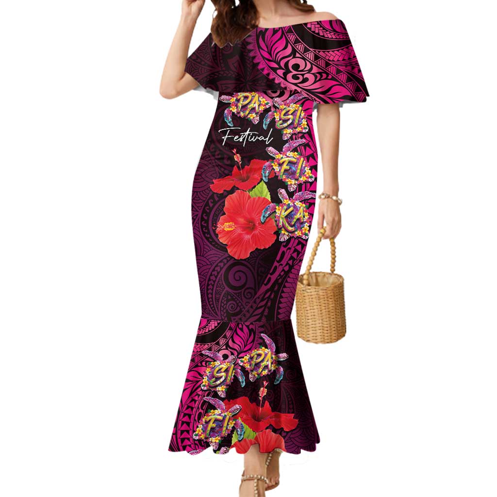 Pasifika Festival Mermaid Dress Plumeria Turtles with Hibiscus - Polynesian Art Tattoo Pink Color LT03 Women Pink - Polynesian Pride