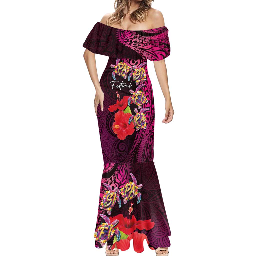 Pasifika Festival Mermaid Dress Plumeria Turtles with Hibiscus - Polynesian Art Tattoo Pink Color LT03 - Polynesian Pride