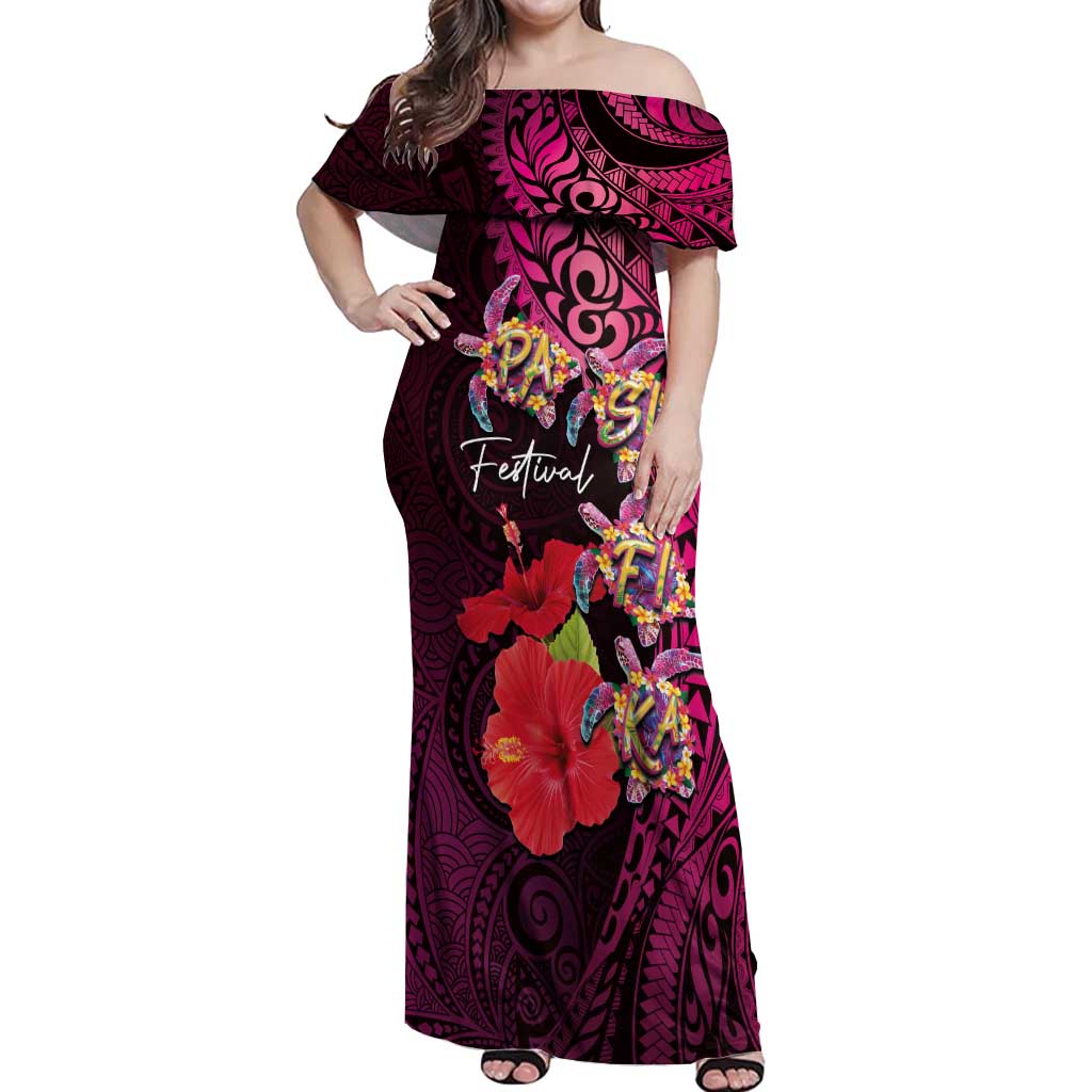 Pasifika Festival Off Shoulder Maxi Dress Plumeria Turtles with Hibiscus - Polynesian Art Tattoo Pink Color LT03 Women Pink - Polynesian Pride
