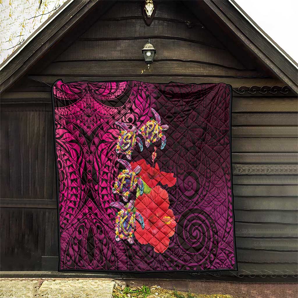 Pasifika Festival Quilt Plumeria Turtles with Hibiscus - Polynesian Art Tattoo Pink Color