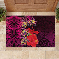 Pasifika Festival Rubber Doormat Plumeria Turtles with Hibiscus - Polynesian Art Tattoo Pink Color