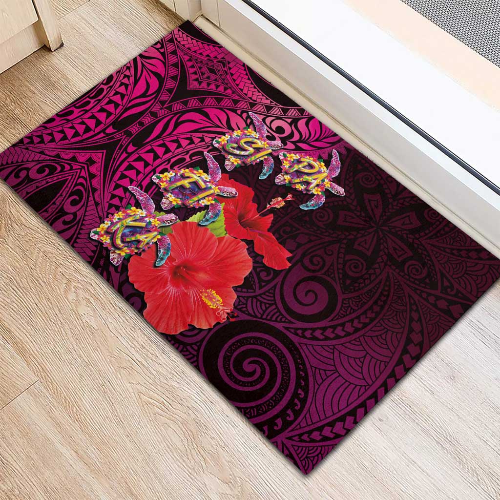 Pasifika Festival Rubber Doormat Plumeria Turtles with Hibiscus - Polynesian Art Tattoo Pink Color
