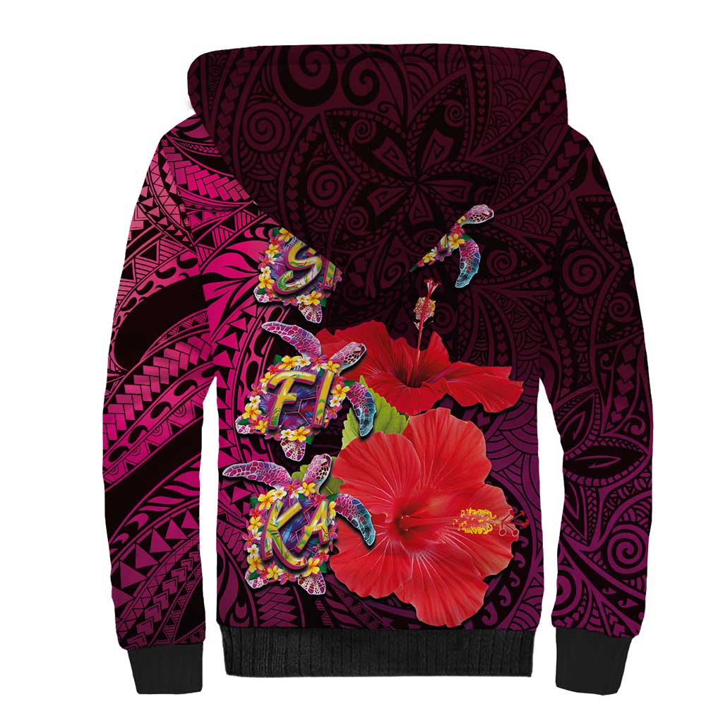 Pasifika Festival Sherpa Hoodie Plumeria Turtles with Hibiscus - Polynesian Art Tattoo Pink Color LT03 - Polynesian Pride