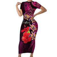 Pasifika Festival Short Sleeve Bodycon Dress Plumeria Turtles with Hibiscus - Polynesian Art Tattoo Pink Color LT03 Long Dress Pink - Polynesian Pride